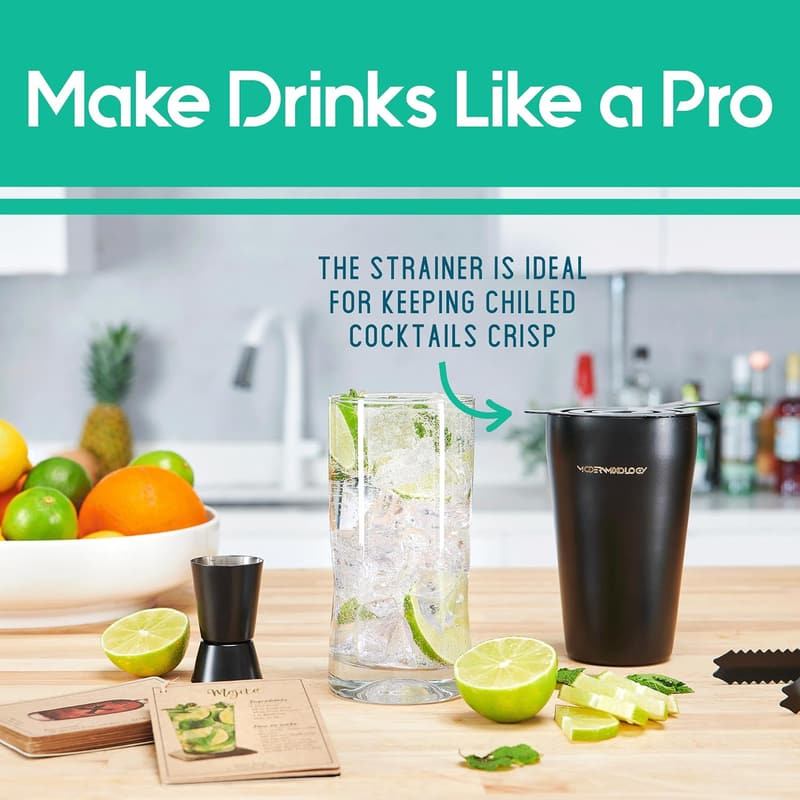 8-Piece Black Matte Cocktail Shaker Set with Stand & Recipes