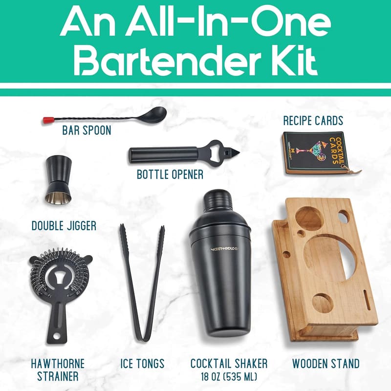 8-Piece Black Matte Cocktail Shaker Set with Stand & Recipes