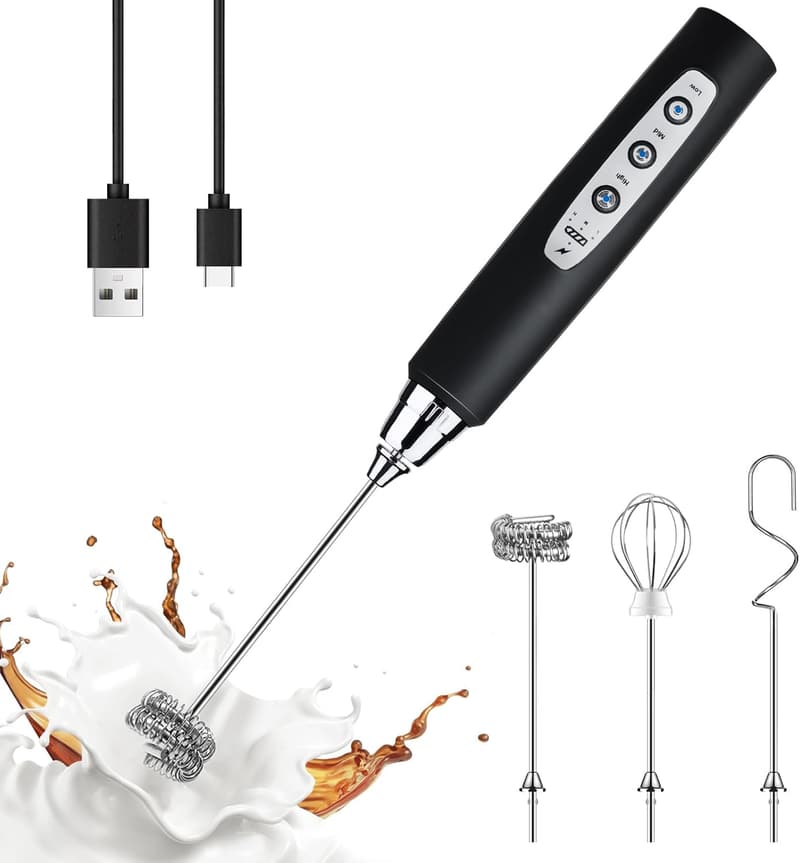 Rechargeable Black Handheld Milk Frother with 3 Heads