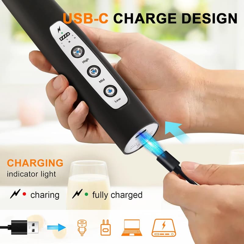 Rechargeable Black Handheld Milk Frother with 3 Heads