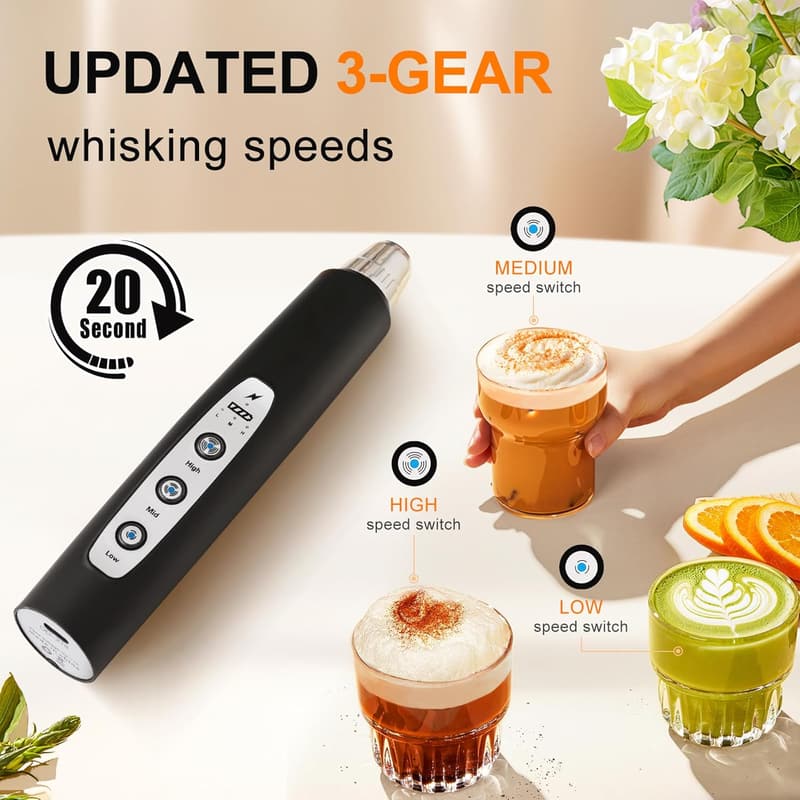 Rechargeable Black Handheld Milk Frother with 3 Heads