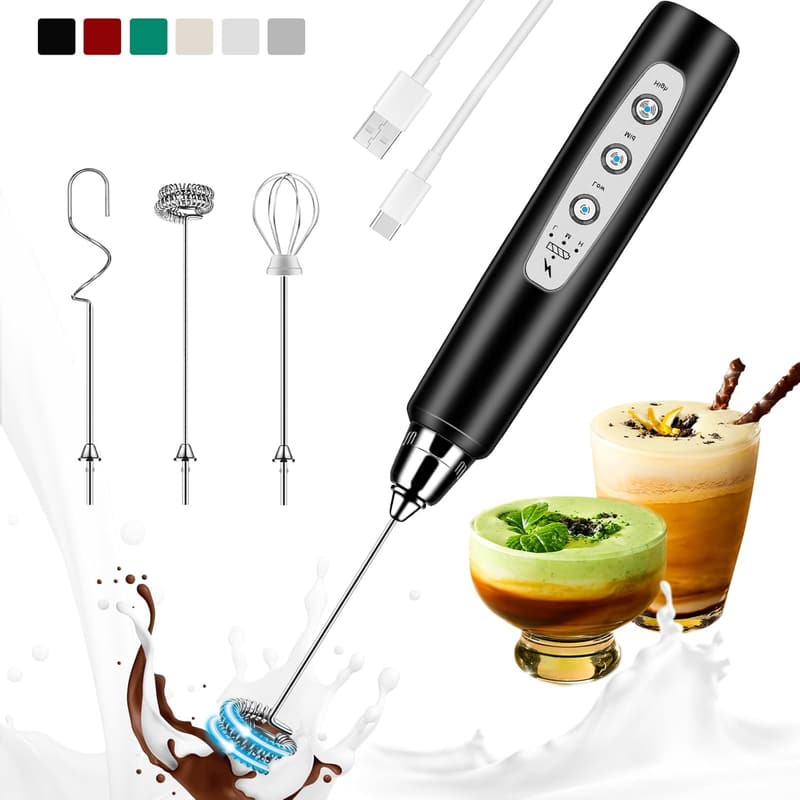 Rechargeable Handheld Milk Frother with 3 Whisks