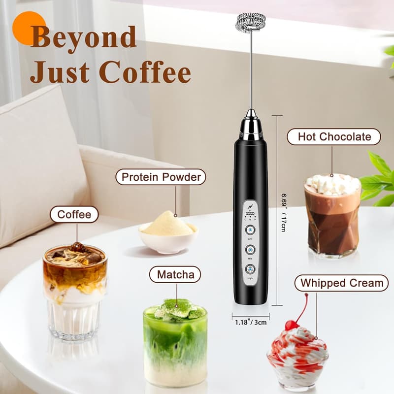Rechargeable Handheld Milk Frother with 3 Whisks