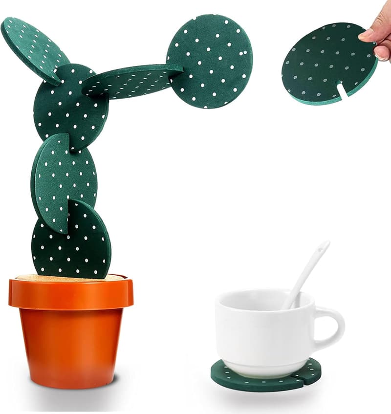 Cactus Coasters Set of 6 - Fun Drink Coasters with Holder