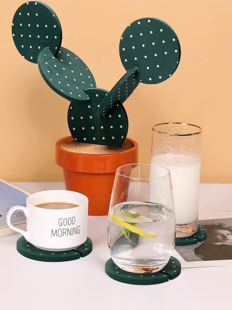 Cactus Coasters Set of 6 - Fun Drink Coasters with Holder