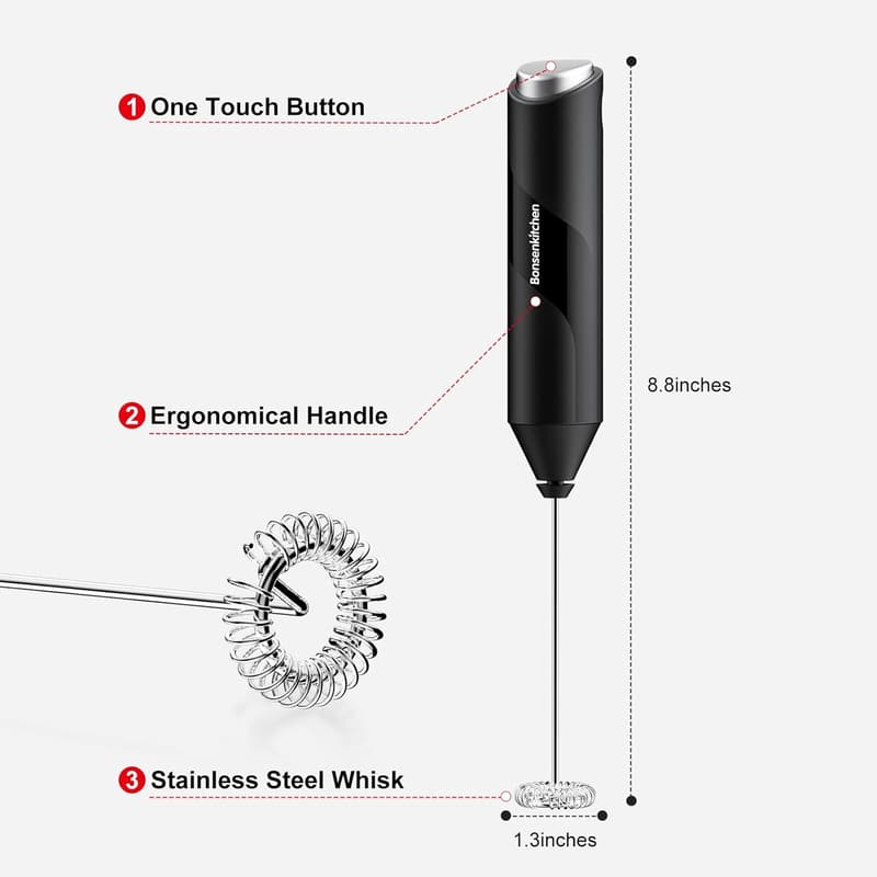 Handheld Milk Frother with Stainless Steel Whisk - Black