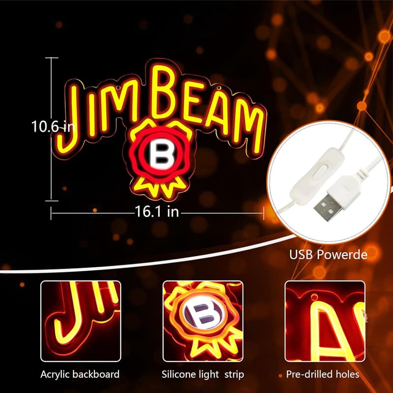 Jim Beam Whiskey LED Neon Sign for Man Cave & Home Bar