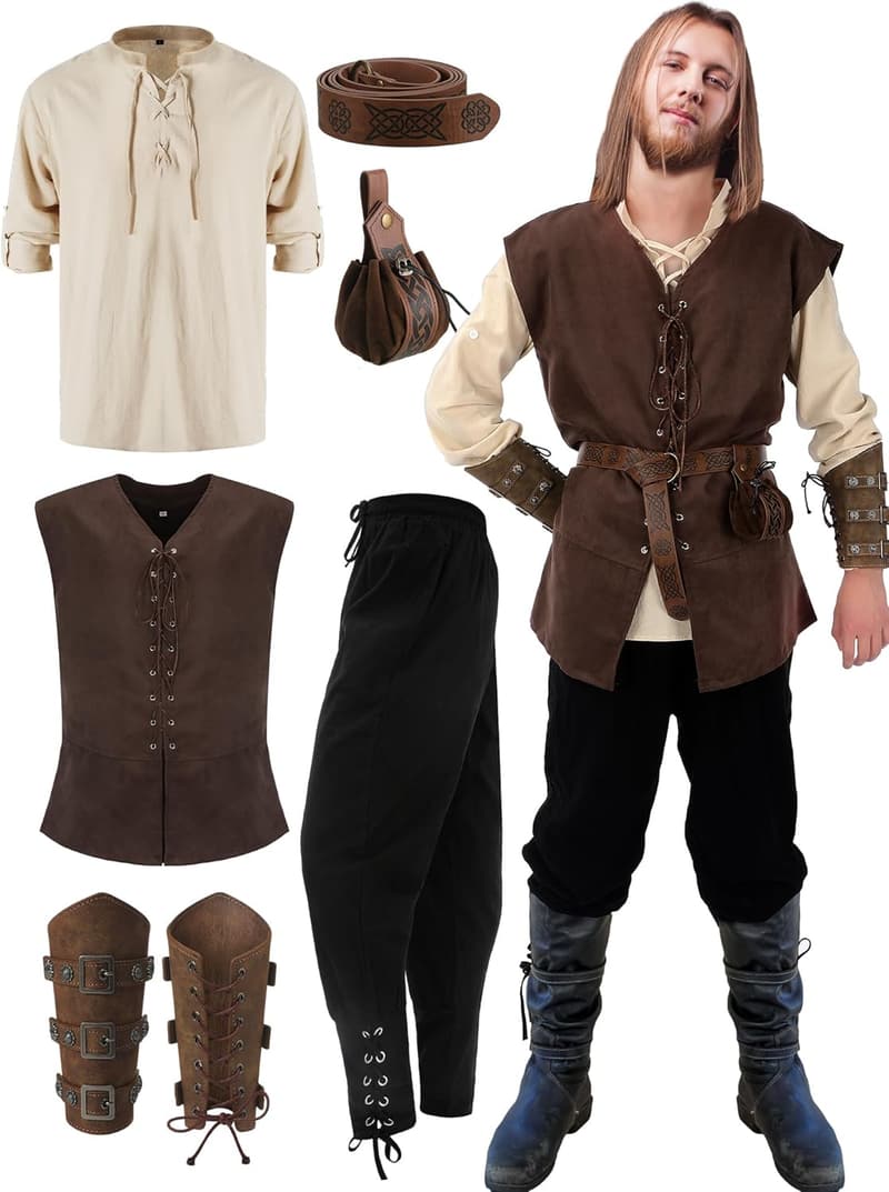 Men's Halloween Renaissance Costume Set with Vest, Pants, and Accessories