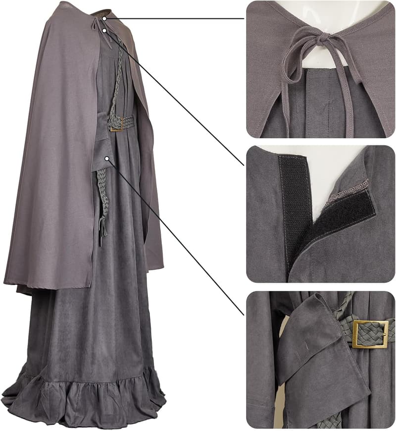 Men's Grey Wizard Cosplay Costume Cloak Set with Belt & Bag