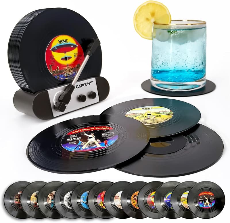 Funny Vinyl Record Coasters Set with Holder for Music Lovers