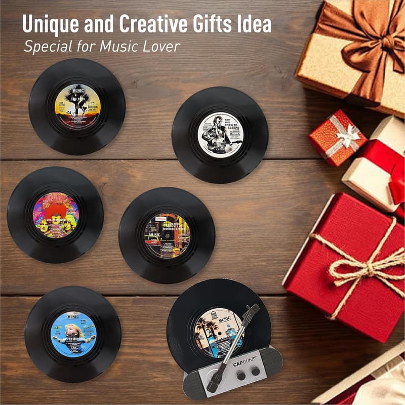 Funny Vinyl Record Coasters Set with Holder for Music Lovers