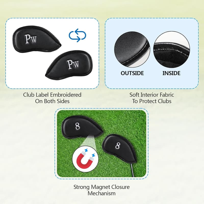Leather Golf Club Covers - Double-Sided Embroidery, Magnetic Closure