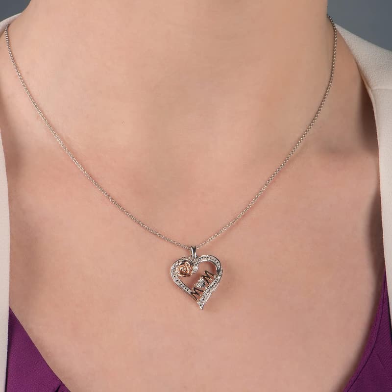 Mother's Day 14K Rose Gold Diamond Heart Necklace for Mom