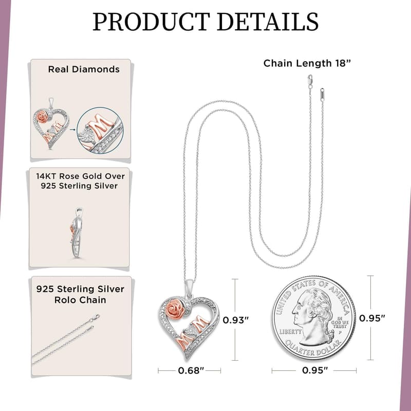 Mother's Day 14K Rose Gold Diamond Heart Necklace for Mom