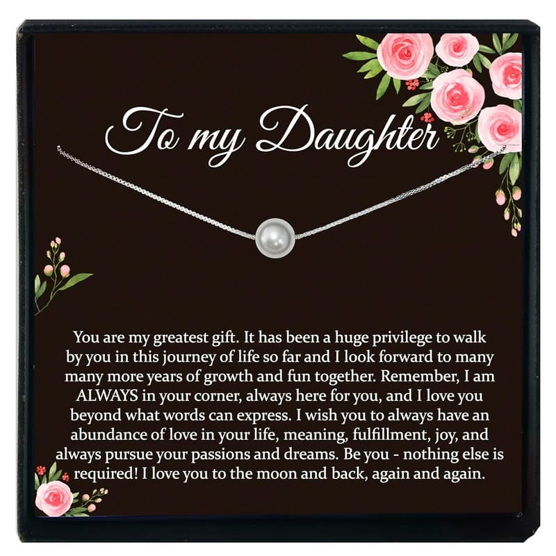 Daughter Necklace from Parents with White Pearl & Message