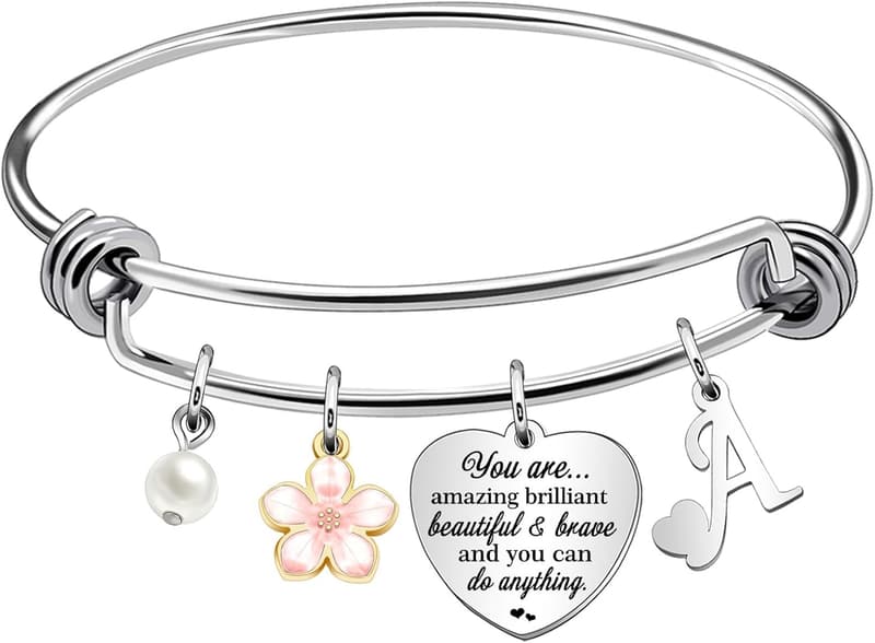 Funny Initial A-Z Silver Heart Dangle Bracelet for Women