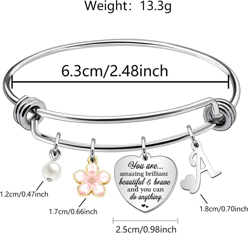 Funny Initial A-Z Silver Heart Dangle Bracelet for Women