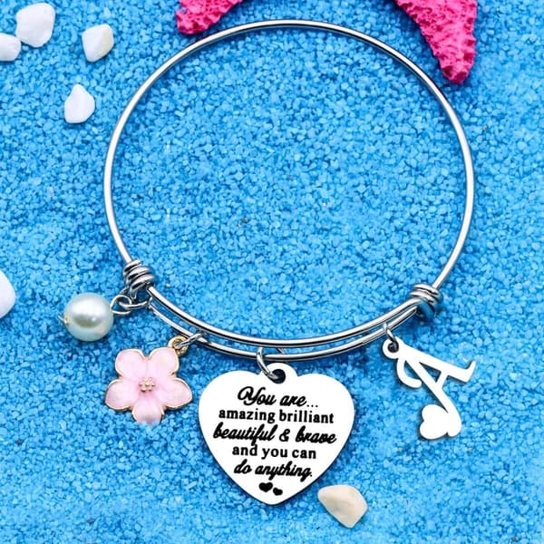Funny Initial A-Z Silver Heart Dangle Bracelet for Women