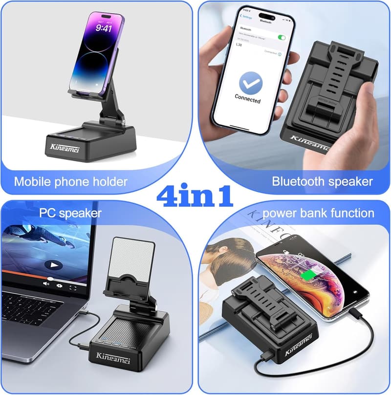 Portable Bluetooth Speaker with Phone Stand & Power Bank - Black