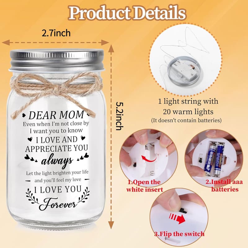 Happy Birthday Mom Night Light Jar - Gift from Daughter/Son