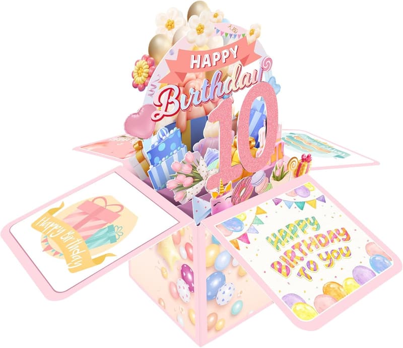 10th Birthday Card – 3D Gift Box for Girls, Daughter, Granddaughter