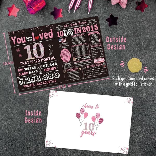 10th Birthday Gifts for Girls - Rose Gold Card & Decorations