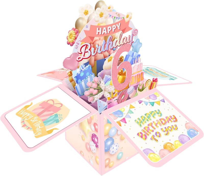 6th Birthday Card with 3D Gift Box for Girls