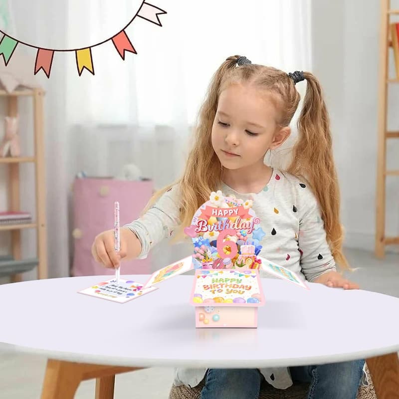 6th Birthday Card with 3D Gift Box for Girls