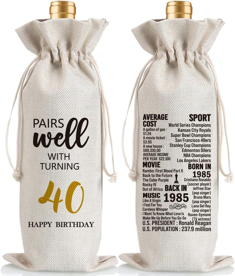 40th Birthday Wine Bag Gift for Him & Her, 1985 Design