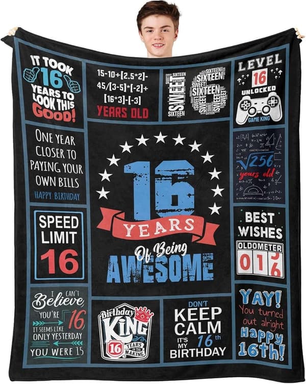 16th Birthday Throw Blanket for Boys, 60 x 50 Inch