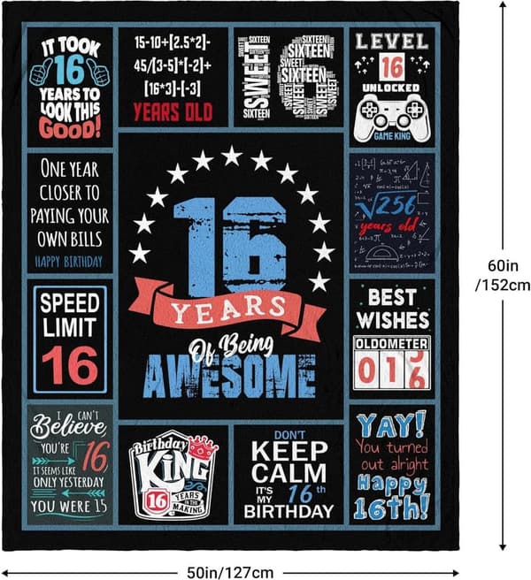 16th Birthday Throw Blanket for Boys, 60 x 50 Inch