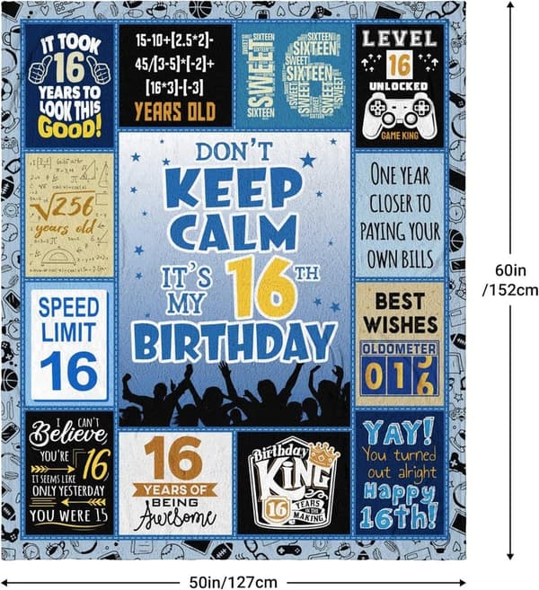 16th Birthday Blanket for Boys, 60x50 Inch