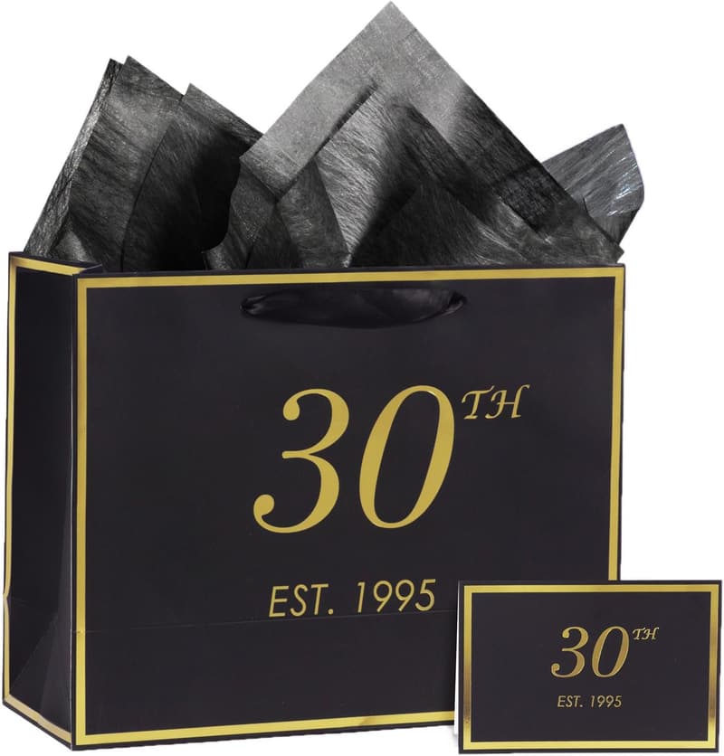 30th Birthday Elegant Black Gold Gift Bag with Card