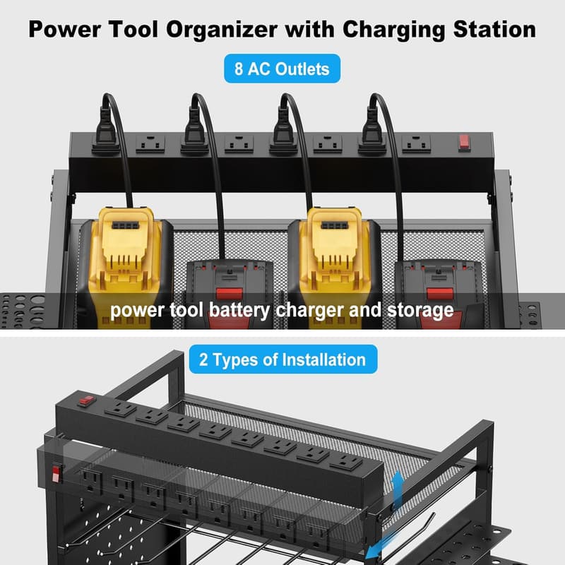 Adjustable Garage Power Tool Organizer with Charging Station
