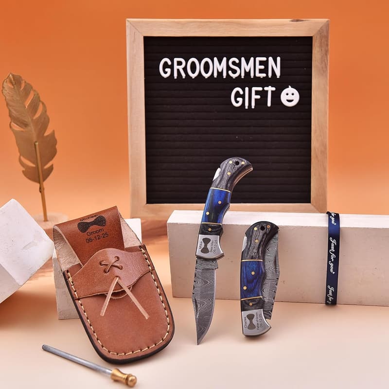 Personalized Damascus Pocket Knife Set for Groomsmen