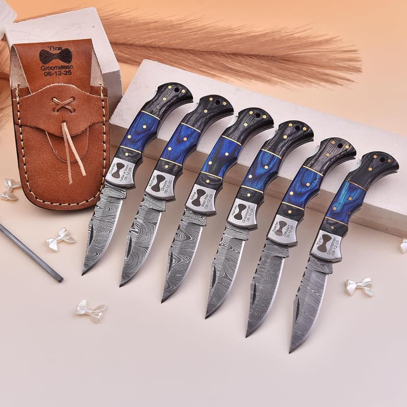 Personalized Damascus Pocket Knife Set for Groomsmen