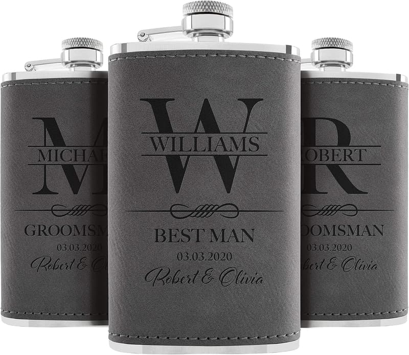 Personalized Leatherette Hip Flask Set for Groomsmen