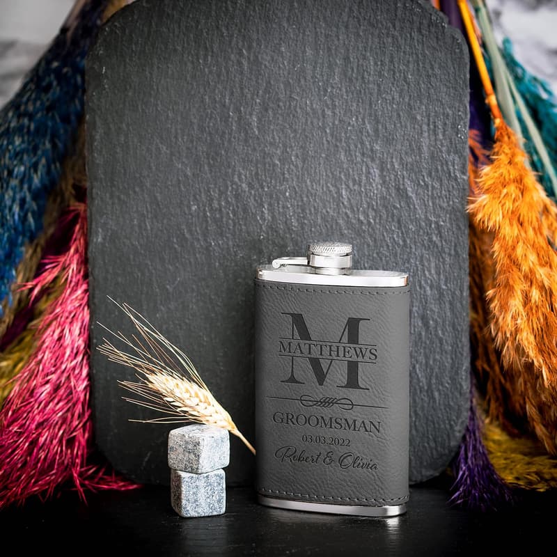 Personalized Leatherette Hip Flask Set for Groomsmen