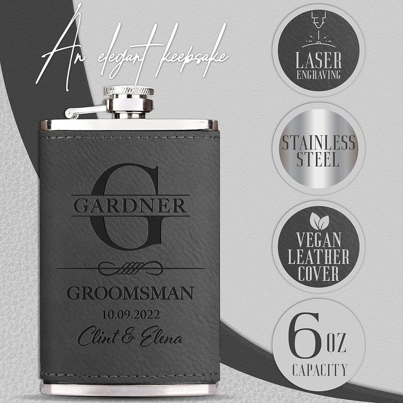 Personalized Leatherette Hip Flask Set for Groomsmen
