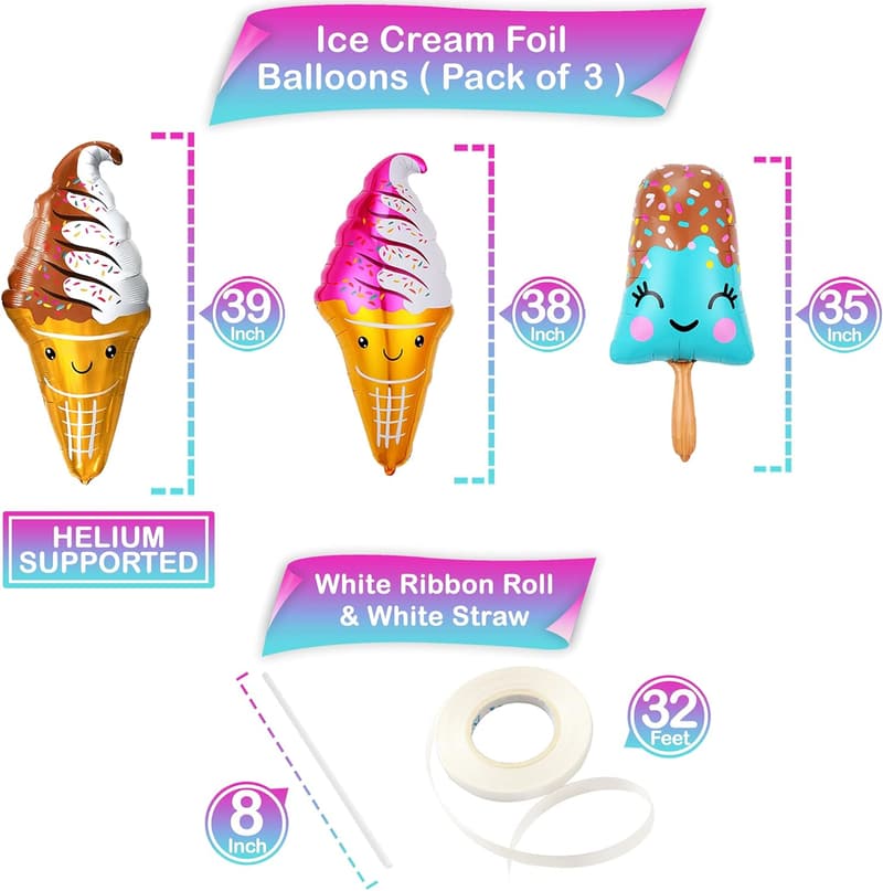 Ice Cream Party Popsicle Balloons - 39 Inch, Pack of 3