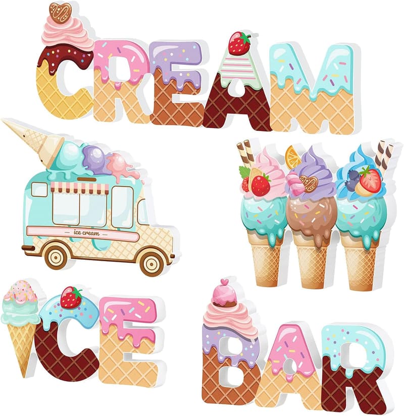 Summer Party Wooden Ice Cream Centerpiece Decorations - 5 Pcs