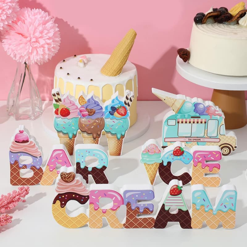 Summer Party Wooden Ice Cream Centerpiece Decorations - 5 Pcs