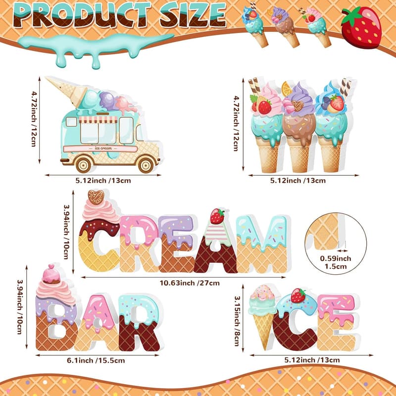 Summer Party Wooden Ice Cream Centerpiece Decorations - 5 Pcs