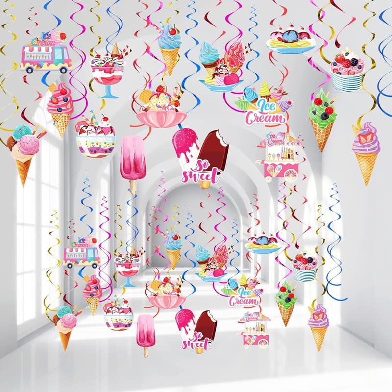 Colorful Ice Cream Hanging Swirls - 36 Pcs Birthday Party Decor