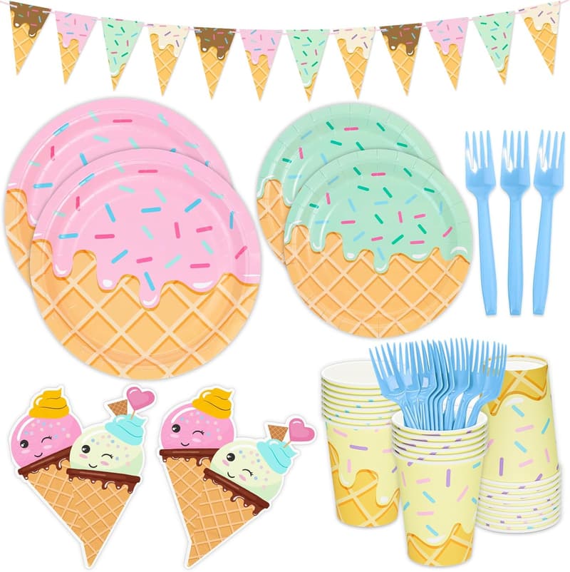 Ice Cream Birthday Party Supplies Set for Girls - 132 Pcs
