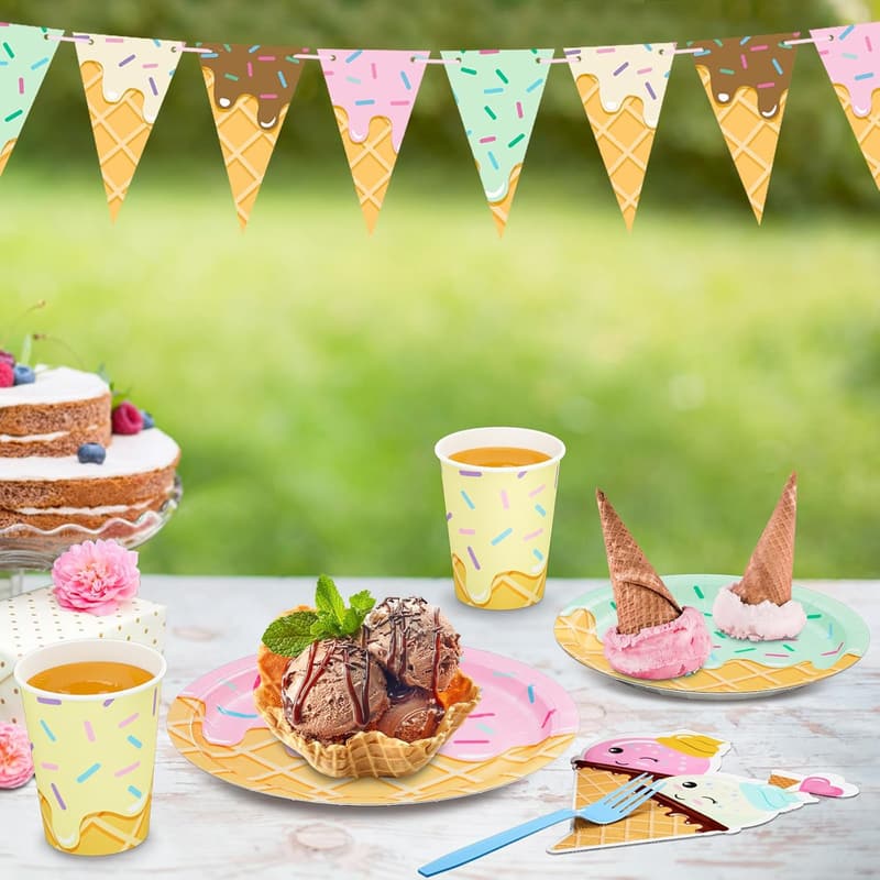 Ice Cream Birthday Party Supplies Set for Girls - 132 Pcs