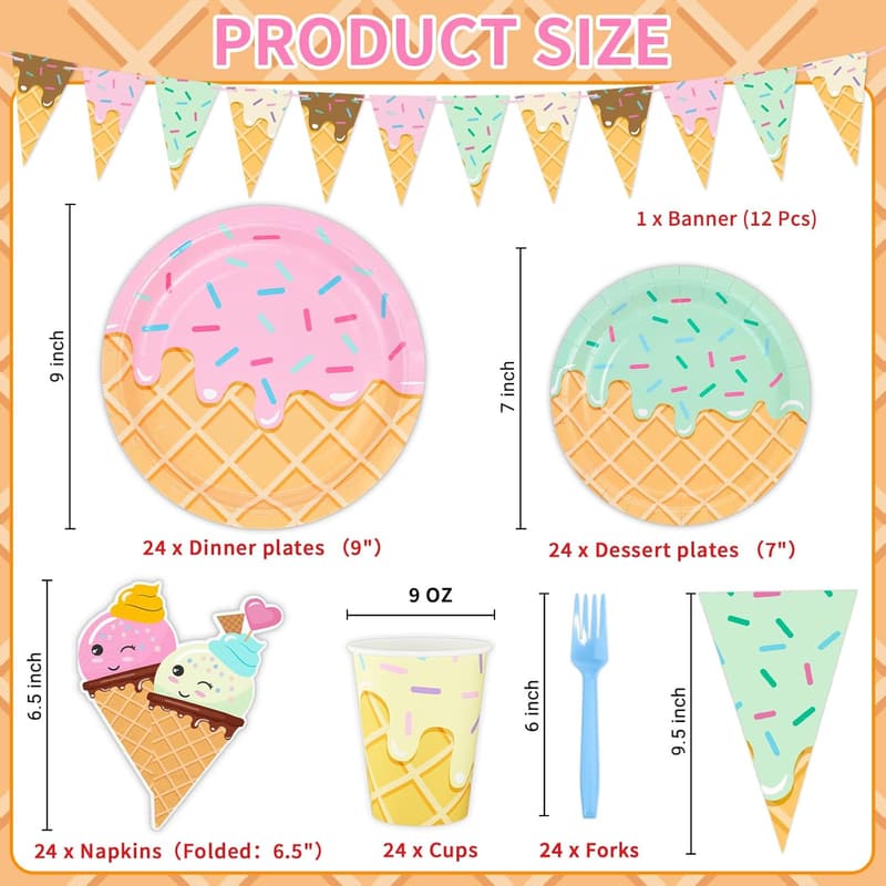 Ice Cream Birthday Party Supplies Set for Girls - 132 Pcs