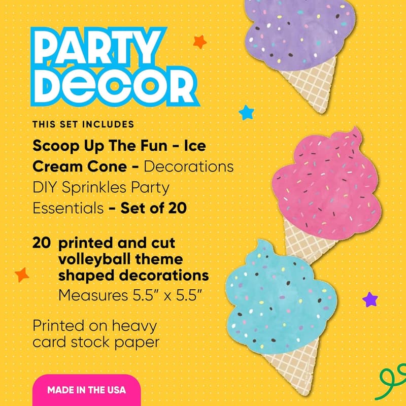 Ice Cream Cone Party Decorations - Set of 20 Sprinkles