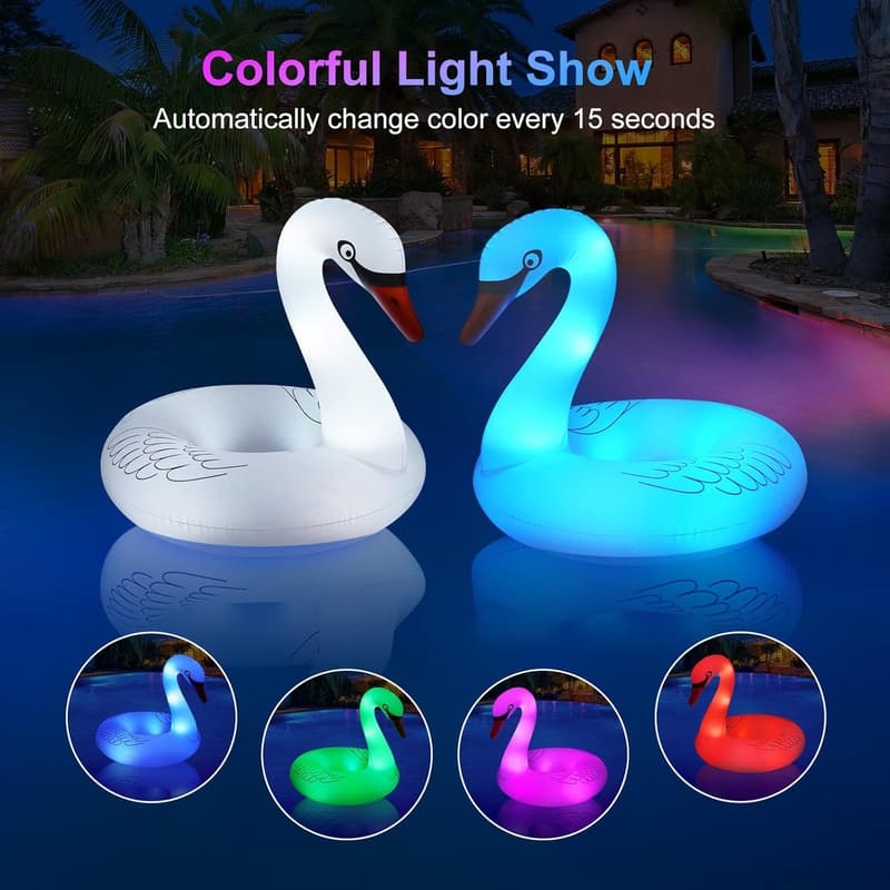 Solar-Powered Inflatable Swan Pool Float with Colorful Lights