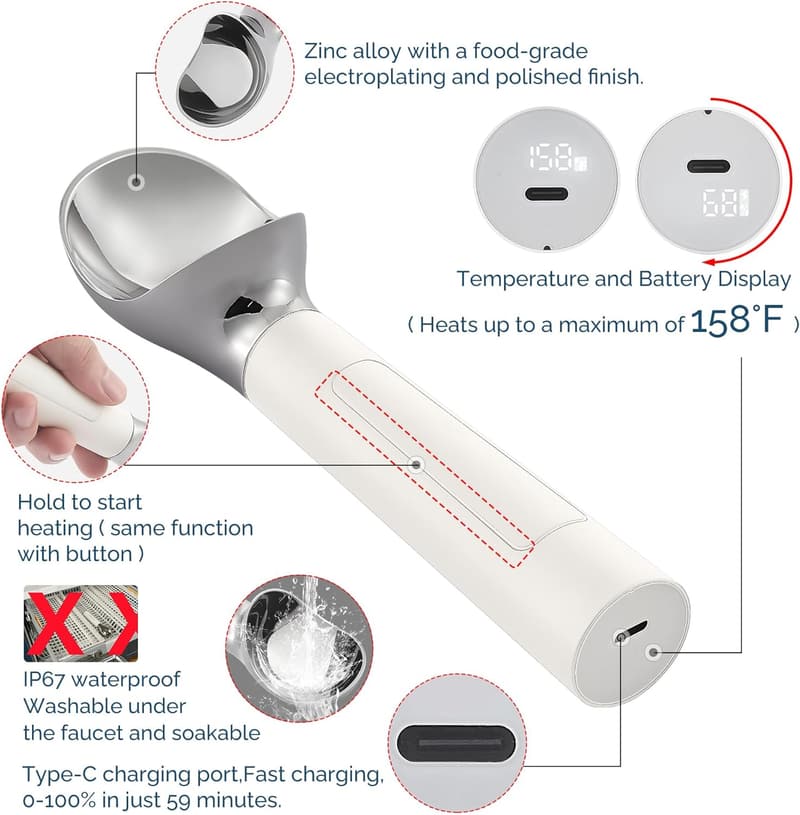 USB Rechargeable Heated Ice Cream Scoop with LED Display